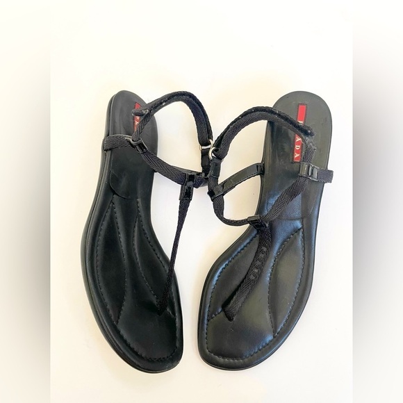 Prada Sport Y2K Black Leather Nylon Logo T-strap Kitten Low Heel Sandals EU 39 - Picture 2 of 11